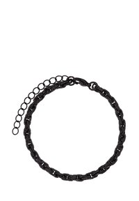 Schwarzes Kettenarmband mit verflochtenen Gliedern und strukturiertem Finish sowie verstellbarem Verschluss. Enthält eine Verlängerungskette zur Größenanpassung.