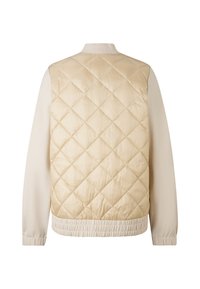 Beżowa pikowana kurtka z gładkim przodem i rękawami, elastycznym dołem oraz luźnym krojem z ribbowanym kołnierzem.