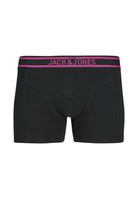 Shorts de boxeur noirs en coton avec une coupe ajustée. Présente une ceinture élastique rose contrastante avec "JACK & JONES" imprimé.