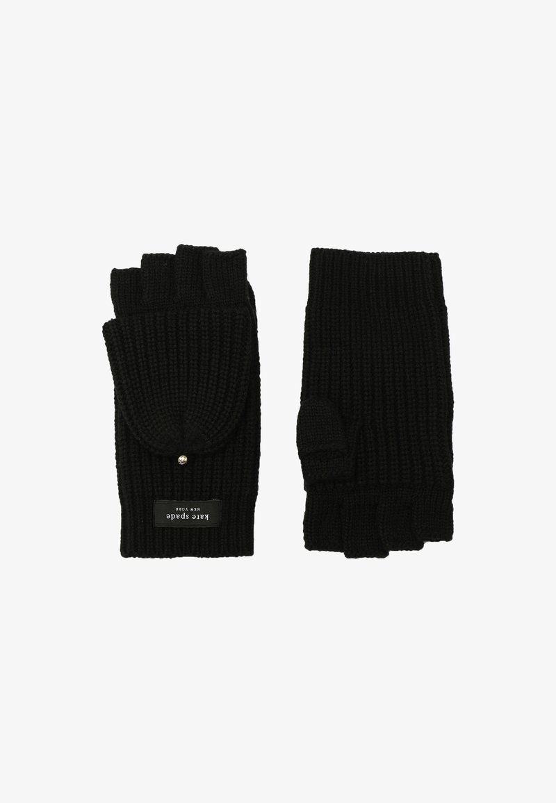 Black knitted fingerless gloves with fold-over mitten flaps and a "Kate Spade New York" label on one glove.