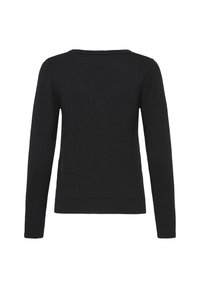Pull noir à manches longues, en tissu lisse, avec un col arrondi et des poignets et ourlet côtelés. Design simple et ajusté sans motifs.