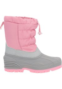Graue und rosafarbenen wasserdichte Stiefel mit einem weichen, gepolsterten Obermaterial und einer strukturierten Gummisohle. Mit einem Zugband an der Oberseite für eine verstellbare Passform.