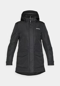 Czarna wodoodporna parka z kapturem, wyposażona w pełny zamek błyskawiczny z przodu, dwie duże przednie kieszenie oraz logo na górnej lewej stronie.