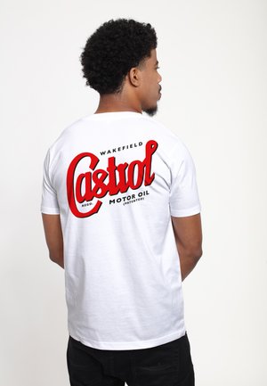 White t-shirt featuring a bold red "Castrol" logo on the back, with "Wakefield" and "MOTOR OIL (PATENTED)" below, short sleeves.