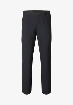 Pantaloni bleumarin închis cu croială dreaptă, confecționați dintr-un material neted, dotati cu închidere cu buton și un brâu clasic.