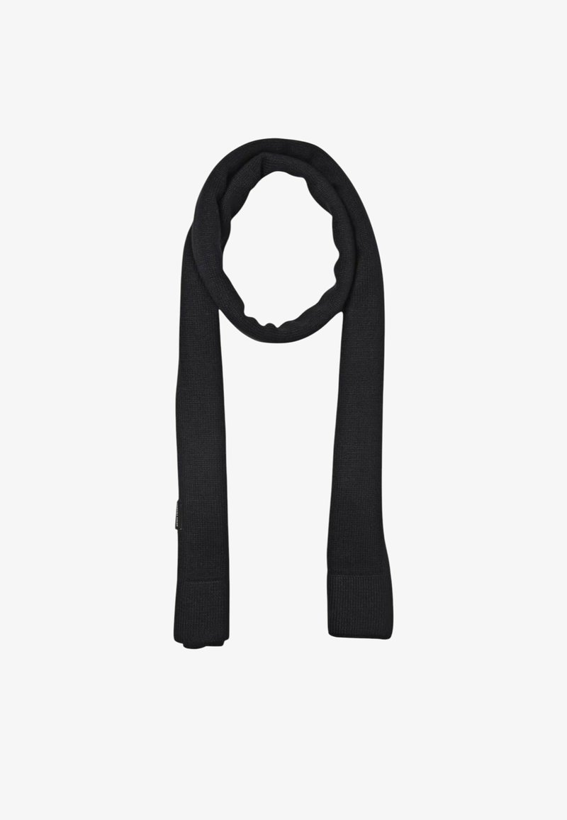 Écharpe en tricot côtelé noire avec un design tubulaire, dotée d'une texture douce et d'une finition uniforme, idéale pour un look décontracté.