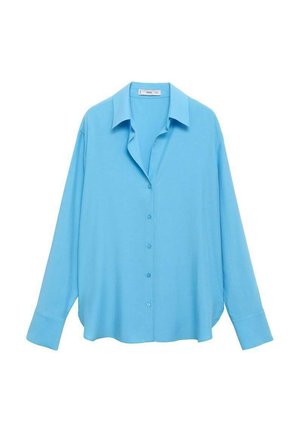 Light blue long-sleeve shirt with a button-up front, a pointed collar, and a relaxed, flowing design. Smooth fabric with no visible patterns.
