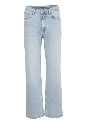 Light blue denim jeans with a relaxed fit, featuring a high waist, wide legs, and subtle fading. Classic five-pocket design with metal hardware.