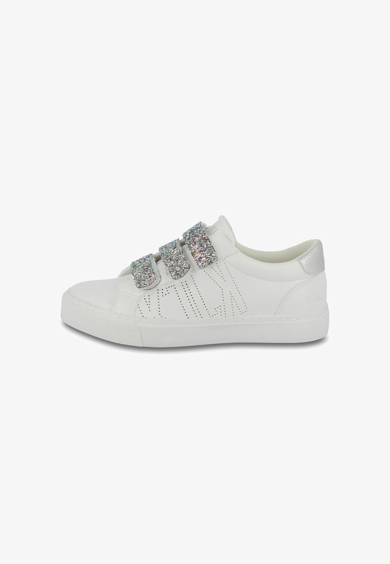 White leather sneaker with three glittery metallic straps, round toe, perforated detailing on the sides, and a silver accent on the heel.