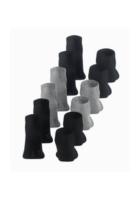 Twelve pairs of ankle socks in black and gray arranged in alternating rows on a white background.