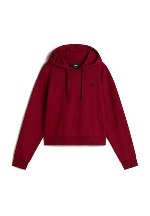 Bordeaux-farbenes, kurzes Hoodie mit einer Vorderseite Tasche, Kordelzug und gerippten Bündchen. Verfügt über ein dezentes Logo im linken Brustbereich. Aus weichem Baumwollmaterial.