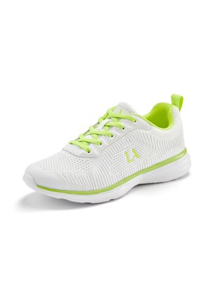 White athletic shoe with a knit texture, featuring a lime green accent on the midsole, laces, and interior. Light and breathable design.