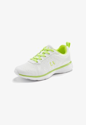 White athletic shoe with a knit texture, featuring a lime green accent on the midsole, laces, and interior. Light and breathable design.