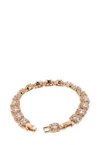 Różowozłota bransoletka z serią przezroczystych, okrągłych kryształków osadzonych w kwadratowych ogniwach, z bezpiecznym zapięciem do mocowania.