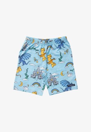 Light blue children's shorts with yellow and blue dragons, castles, rainbows, crescent moons, swans, and stars pattern.