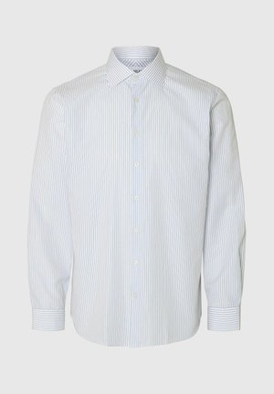 White long-sleeve shirt with light blue vertical stripes, button-up front, and a collar. Features standard cuffs and a smooth textured fabric.