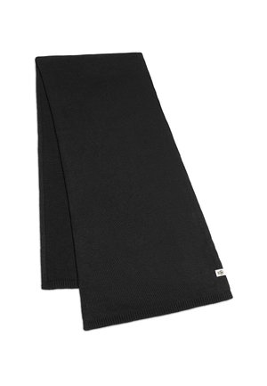 Black knitted scarf with a rectangular shape, featuring a ribbed texture and a small brand label in the lower corner.
