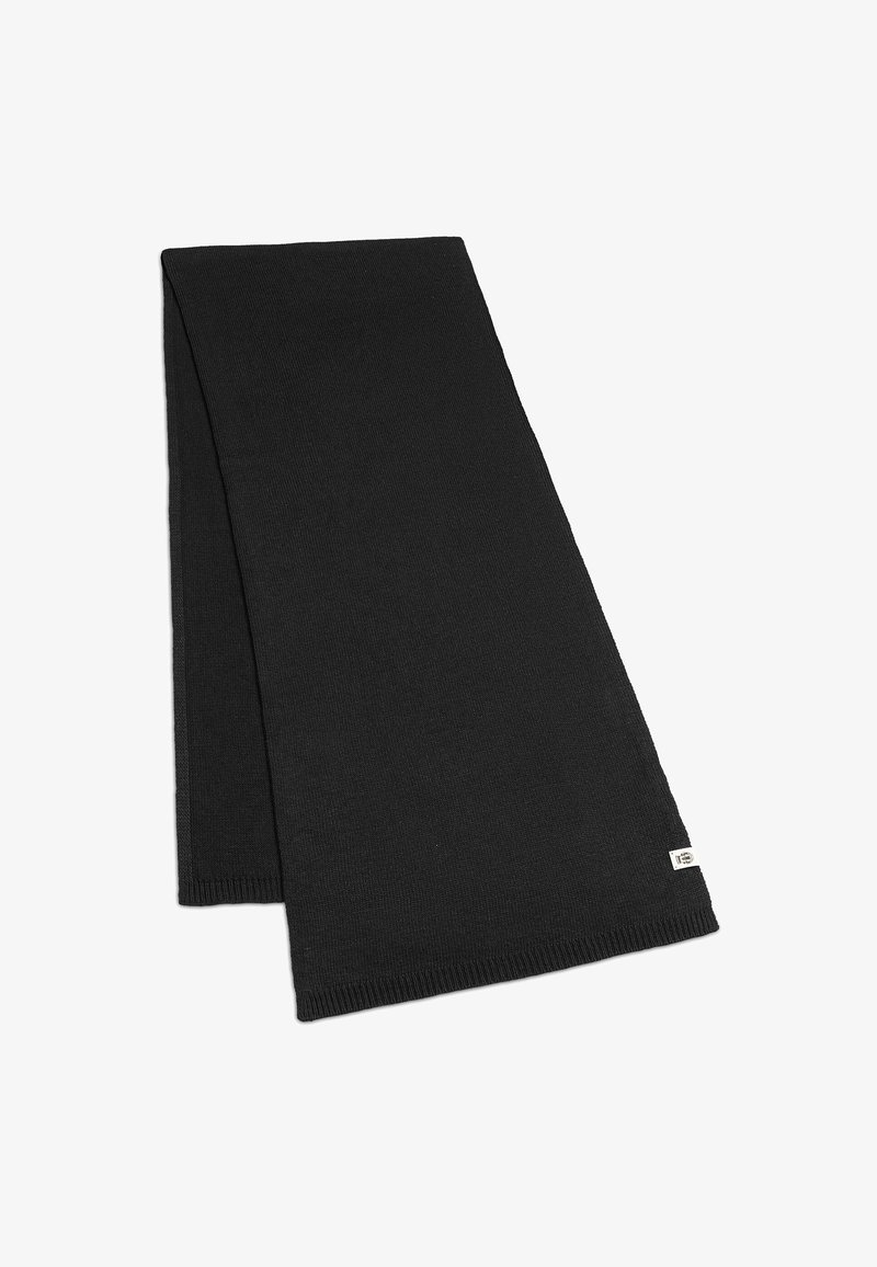 Black knitted scarf with a rectangular shape, featuring a ribbed texture and a small brand label in the lower corner.