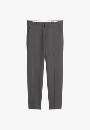 Szare, dopasowane spodnie z płaskim przodem, dwoma bocznymi kieszeniami i gładką fakturą. Posiadają pas z szlufkami na pasek dla regulowanego dopasowania.