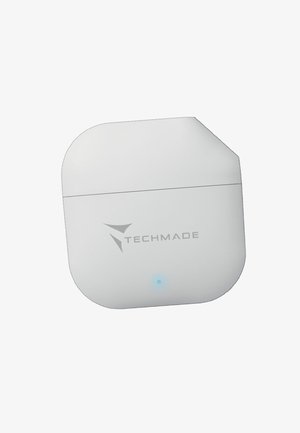Draadloos oplaadcase, witte kunststof, afgeronde rechthoekige vorm, verhoogd logo, indicatielampje, glad oppervlak met een matte afwerking.