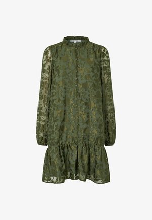 Grünes, durchsichtiges Kleid mit langen Ärmeln, Floralprint, Knopfleiste, Rüschensaum am Kragen, elastischen Bündchen und gerüschtem Saum.