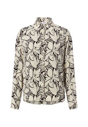Long-sleeve shirt in lightweight fabric, featuring a black floral pattern on a cream background. Classic collar and button-up front.