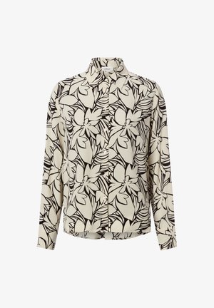 Koszula z długim rękawem z lekkiego materiału, z czarnym kwiatowym wzorem na kremowym tle. Klasyczny kołnierzyk i przód zapinany na guziki.