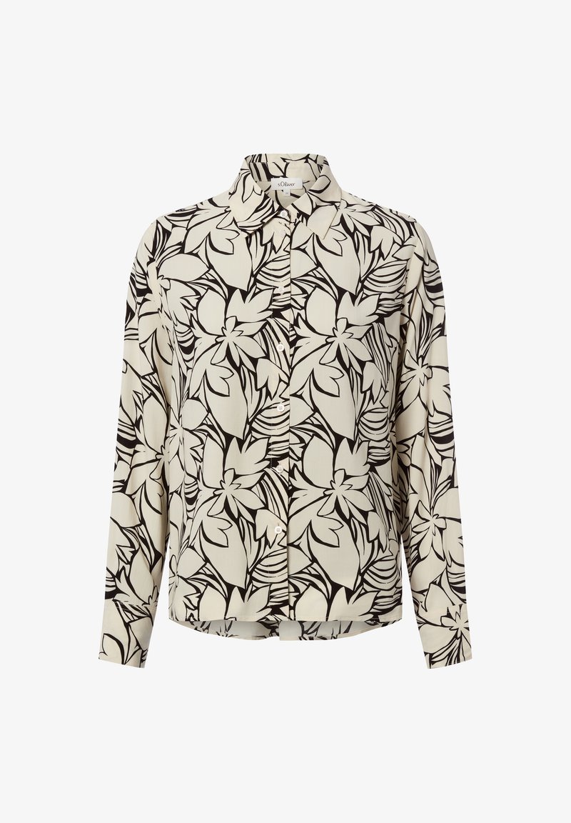 Langärmliges Hemd aus leichtem Stoff mit schwarzem Blumenmuster auf cremefarbenem Hintergrund. Klassischer Kragen und durchgehende Knopfleiste.