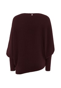 Burgundy batwing sweater with wide neckline and ribbed cuffs. Soft, textured fabric drapes loosely, revealing an asymmetrical hemline.