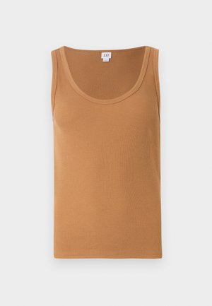 Brown ribbed tank top with a scoop neckline, featuring a soft texture and no visible logos or patterns. Clean and simple design.