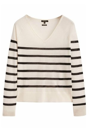 Pull blanc à col en V et manches longues avec des rayures noires horizontales sur le corps et les manches, poignets et ourlet côtelés.
