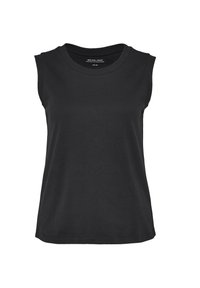 Black sleeveless top made of soft cotton. Round neckline, straight hem, and minimal stitching details. Smooth texture with no patterns.
