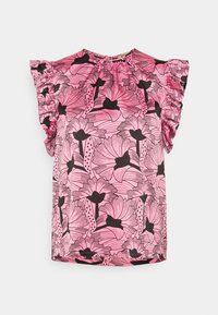 Růžový top s krátkým rukávem, zdobený černým květinovým vzorem, s volánkovými rukávy a kulatým výstřihem. Vyrobeno z lehkého materiálu.