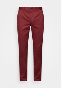 Chino bordeaux in misto cotone, con vestibilità slim, chiusura a bottone e tasche laterali, caratterizzati da una texture liscia e uniforme.