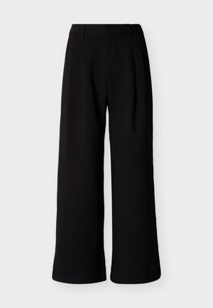 Mustad laiade säärtega püksid kõrge vöökohaga, vööaasade ja küljetaskutega, valgel taustal.