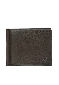 Portafoglio in pelle marrone con finitura testurizzata, design bifold e un accento silver. Presenta cuciture lungo i bordi e un dettaglio con logo circolare.