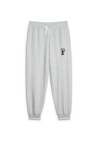 Pantalones de chándal grises hechos de tejido suave, con cintura elástica y cordón, puños acanalados y detalles de logo en el muslo izquierdo.
