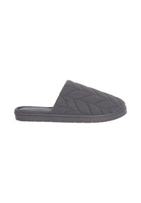 Zapatilla gris acolchada con una textura suave, parte trasera abierta y una suela de goma plana. Presenta un patrón de hojas bordado en la parte superior.