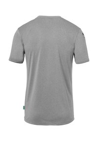 Grijze T-shirt met korte mouwen, gemaakt van een zachte stof, met een ronde hals en een eenvoudig ontwerp zonder zichtbare patronen of accenten.
