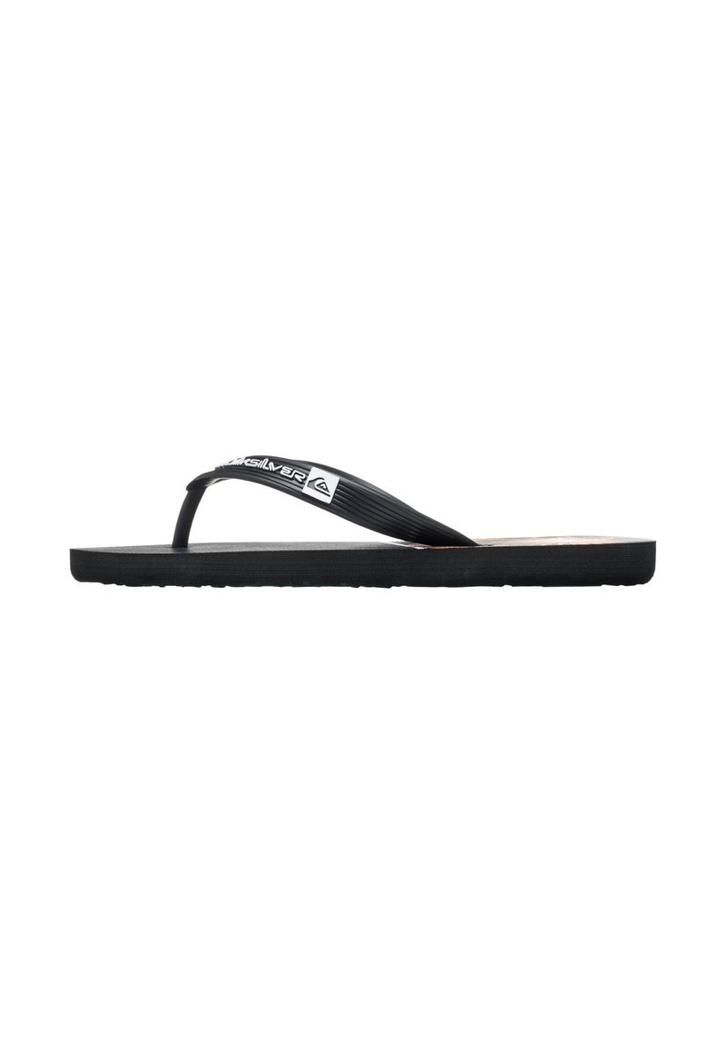 Zwarte rubberen teenslippers met dunne banden, voorzien van horizontale ribbels, logo-accenten en een textuur op de zool. Zijaanzicht, vlak ontwerp.