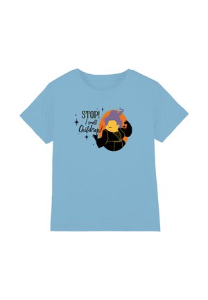 Light blue cotton t-shirt featuring a graphic design with text "STOP! I smell Children!" and an illustrated character in black and orange.