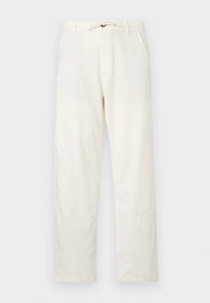 Pantaloni din in de un bej deschis, cu croială dreaptă, talie reglabilă cu șnur și două buzunare laterale. Textură netedă și design minimalist.