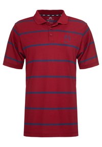 Polo rouge en mélange de coton, avec des rayures horizontales bleu marine, un col à revers et un petit logo sur la poitrine.