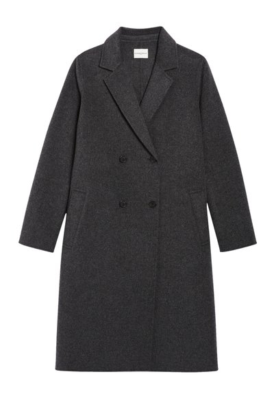 Manteau en laine gris à double boutonnage avec un col cranté, des manches longues, deux poches avant et une texture unie. Sans motifs ni accents visibles.
