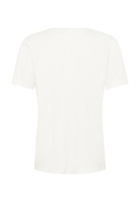 Korte mouwen, ronde hals, witte t-shirt van zachte katoen. Gladde textuur met een rechte snit. Geen patronen of opvallende accenten.