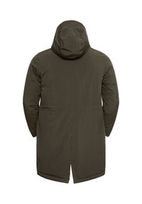 Manteau matelassé olive vert long avec une capuche, présentant une coupe droite et des fentes sur les côtés à l'ourlet. Fabriqué en tissu texturé.