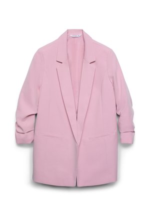 Blazer rosa con design su misura, davanti monopetto, rever a incavo e due tasche frontali. Realizzato in materiale liscio e leggero.