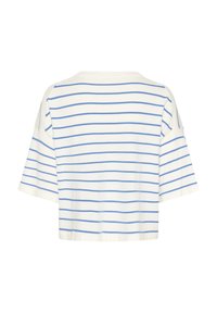 Biely krátky rukávový crop top s modrými horizontálnymi pruhmi, s okrúhlym výstrihom a voľným strihom bez viditeľných zapínaní.