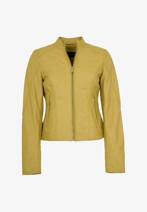 Gelbe Lederjacke mit Stehkragen, Frontreißverschluss und seitlichen Reißverschlusstaschen. Verfügt über gestickte Details und eine taillierte Silhouette.