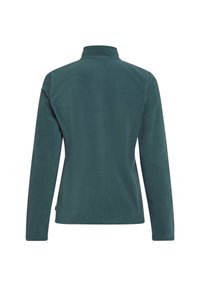 Tmavě zelená fleecová bunda, zipový límec, dlouhé rukávy, měkký materiál, minimalistický design, žádné viditelné loga ani vzory, zadní pohled.